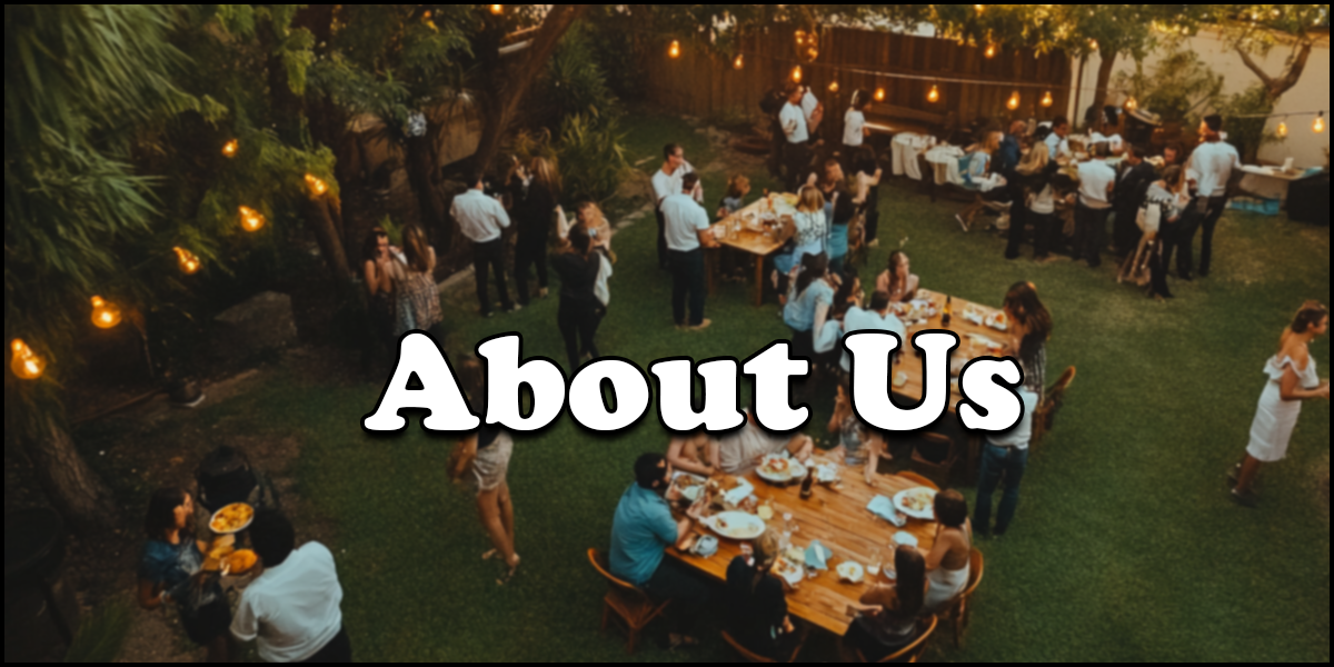 A group of people socializing and dining outdoors in a garden with string lights, viewed from above. The text "About Us" is overlaid in large white font.