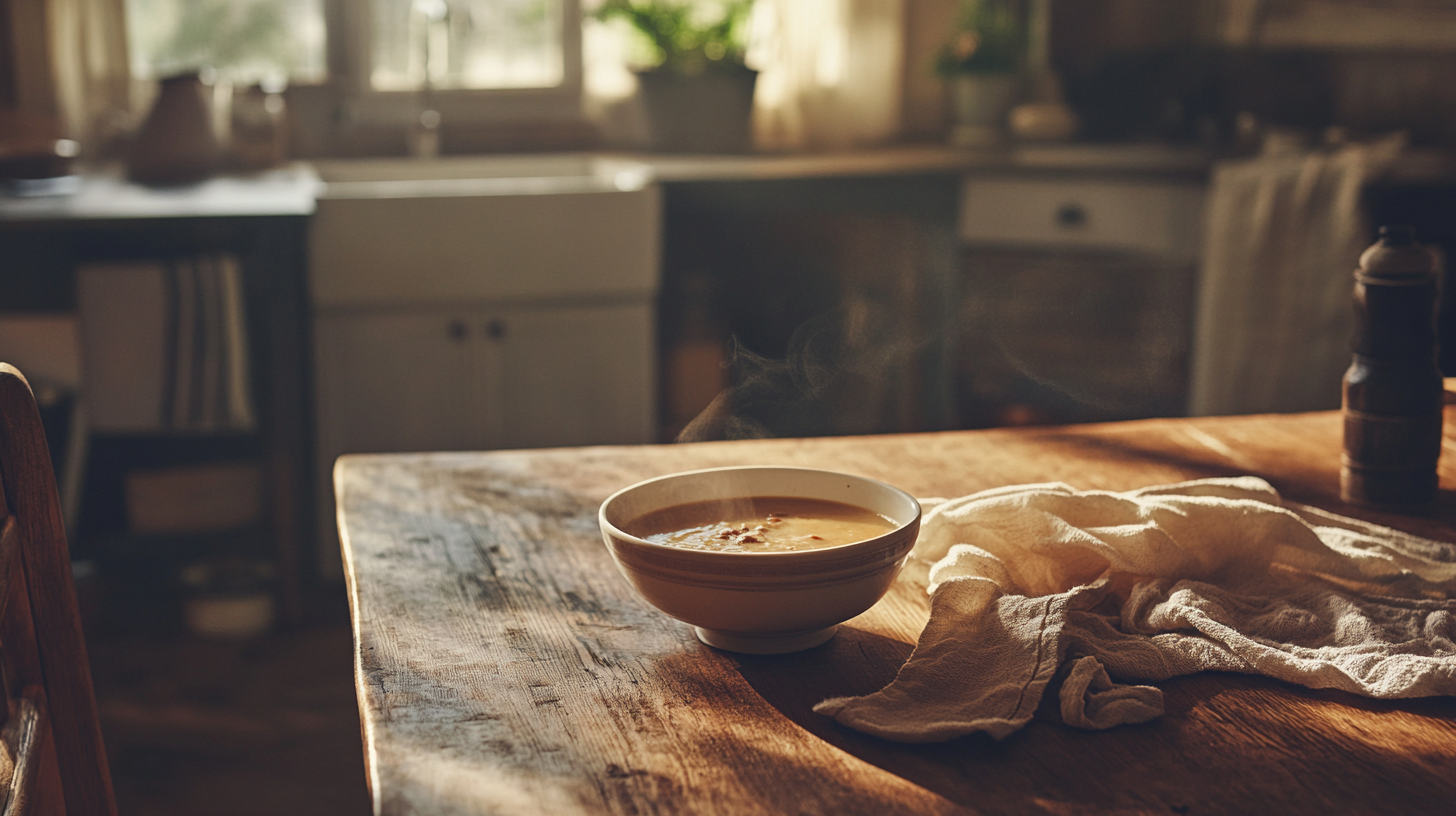 Quick Simple Soups A bowl of soup sits on a rustic wooden table next to a cloth, with sunlight streaming into a cozy kitchen in the background.