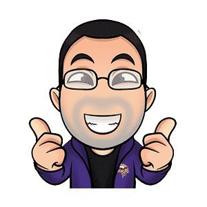 Cartoon character with glasses and a beard smiling widely, giving two thumbs up, wearing a purple jacket over a black shirt.
